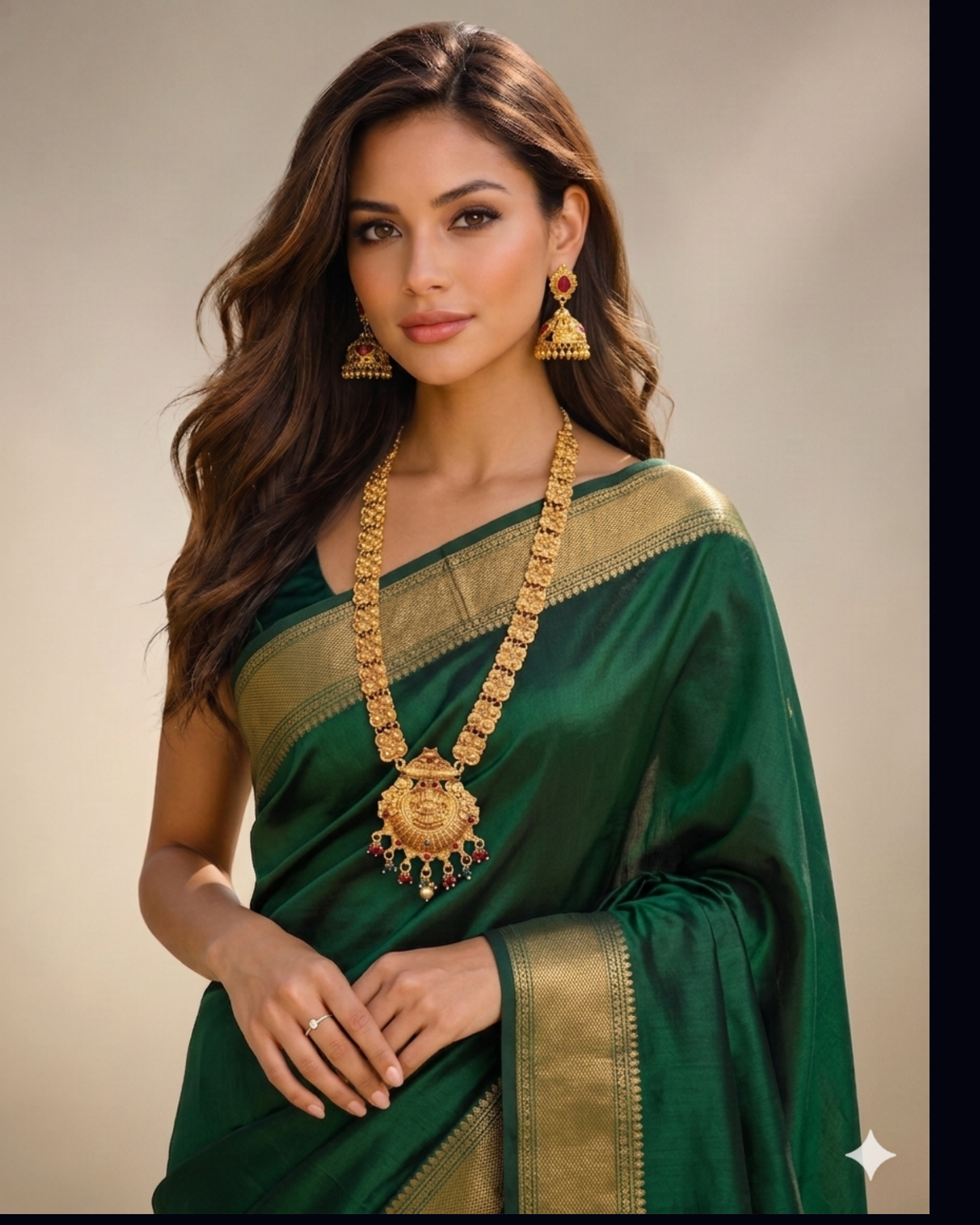 Gold Plated Floral Haaram Temple Set with Ruby-Topped Jhumkas