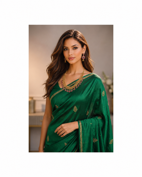 Gold Beaded Layered Necklace Set with Ruby & Emerald Floral Drops