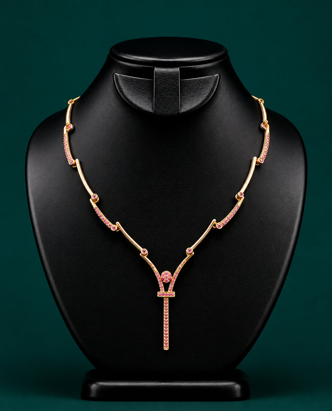 Ruby-Set Gold Bar Link Necklace with Zipper Drop Pendant