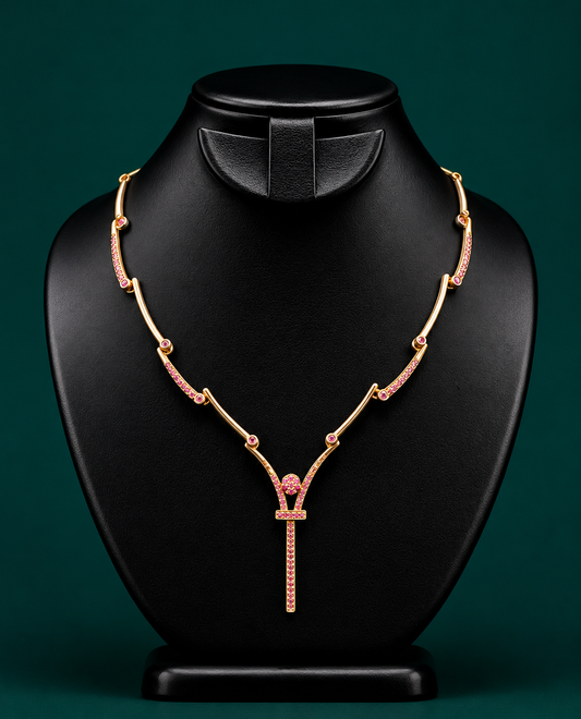 Ruby-Set Gold Bar Link Necklace with Zipper Drop Pendant