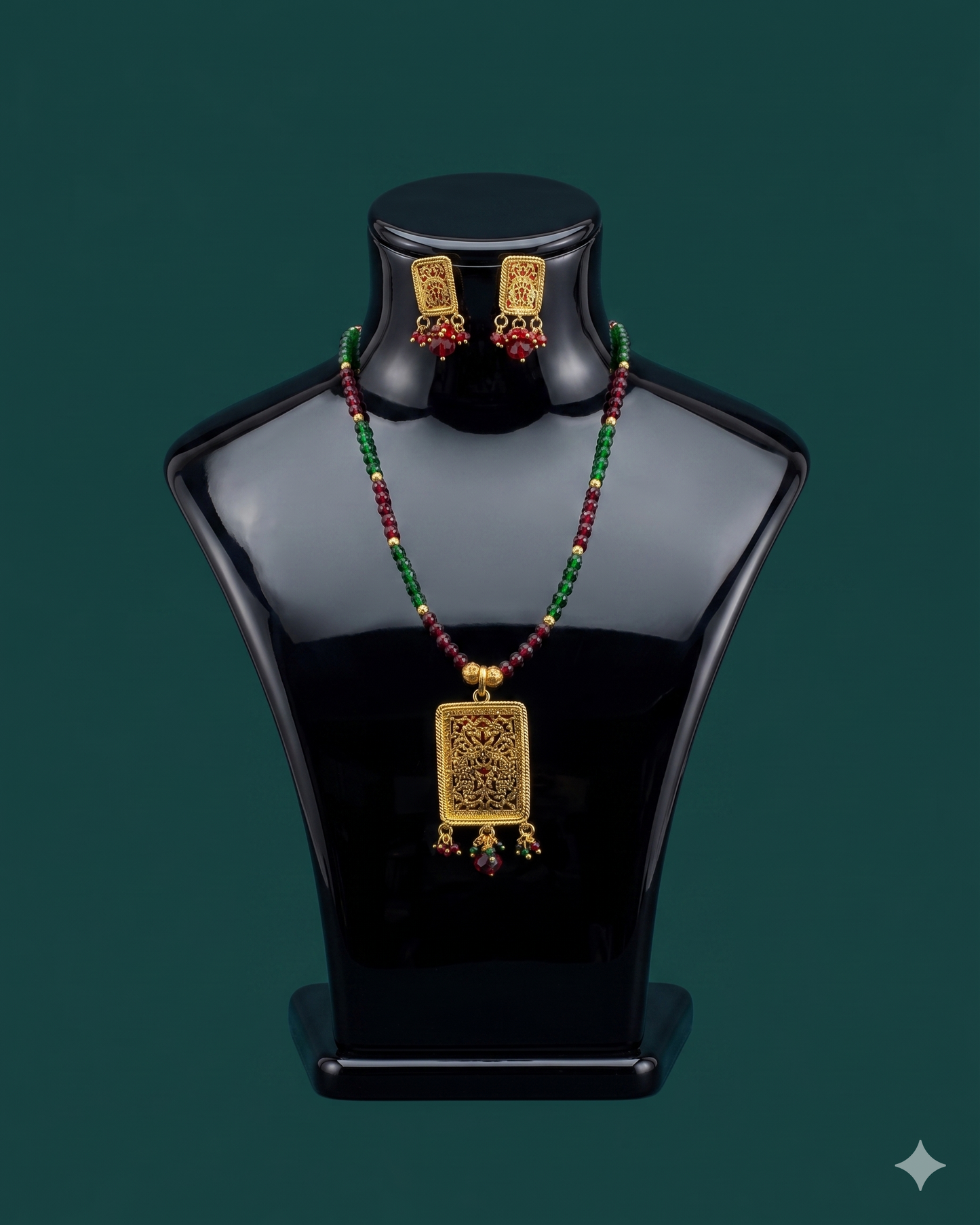 Traditional Beaded Temple Necklace Set with Antique Gold Pendant – Red & Green Ethnic Jewelry