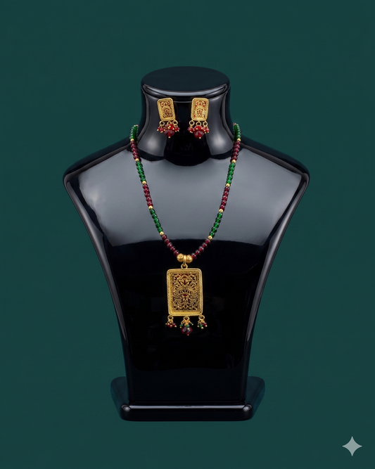 Traditional Beaded Temple Necklace Set with Antique Gold Pendant – Red & Green Ethnic Jewelry