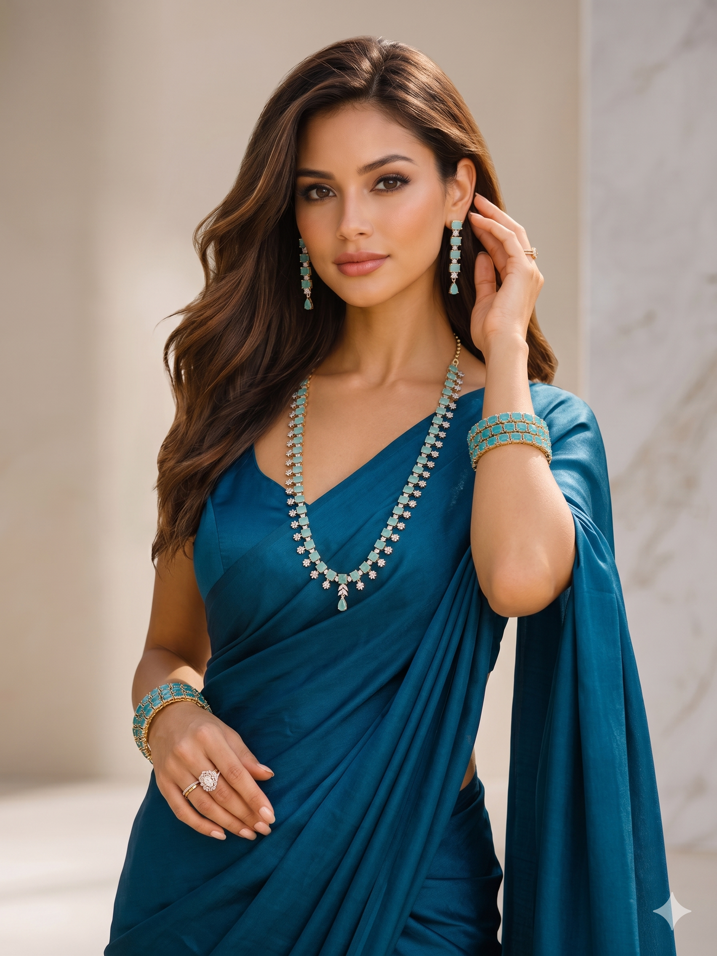 Emerald Elegance Long Necklace Set with Crystal Accents