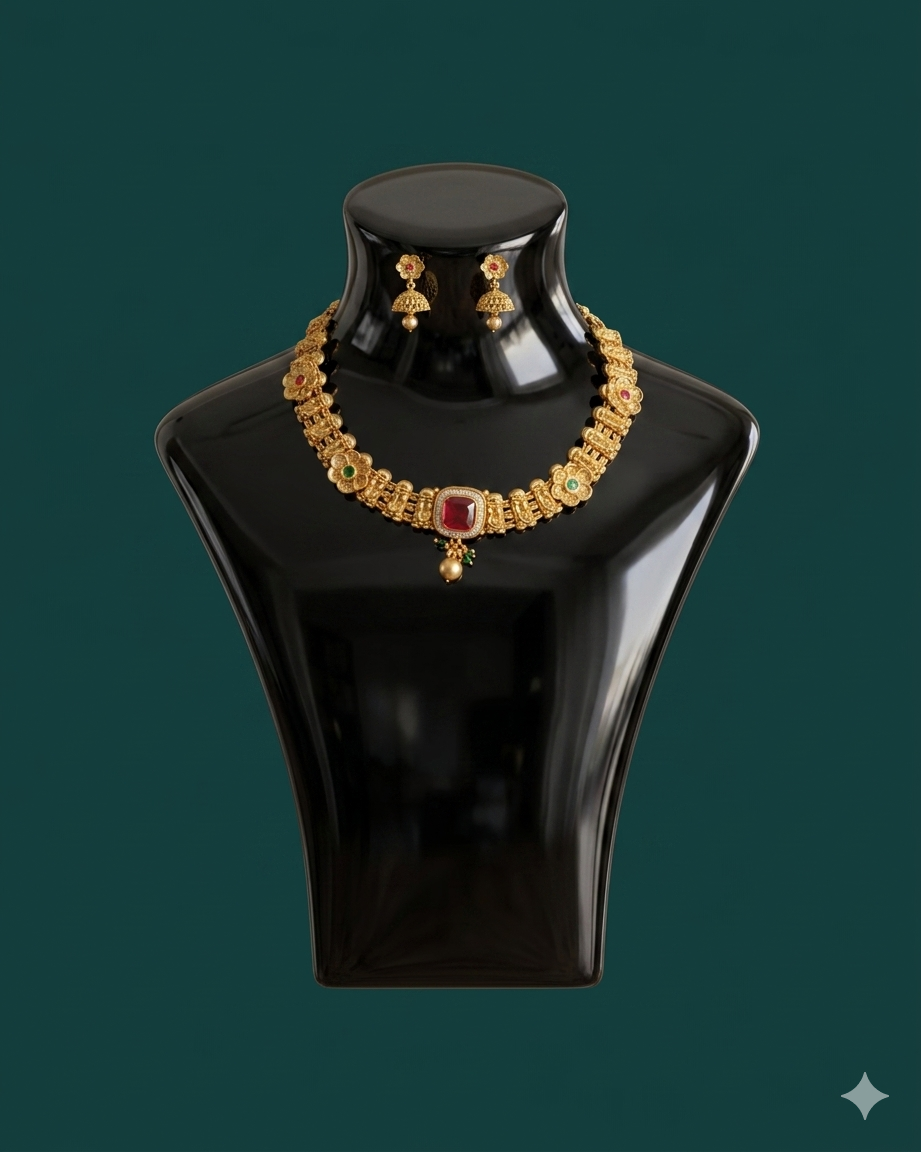 Antique Gold Ruby Emerald Nakshi Choker Necklace Set with Jhumka Earrings | Traditional Indian Bridal Collar Necklace | Ruby Cabochon Pendant Gold Jewelry | Wedding Heirloom Gift