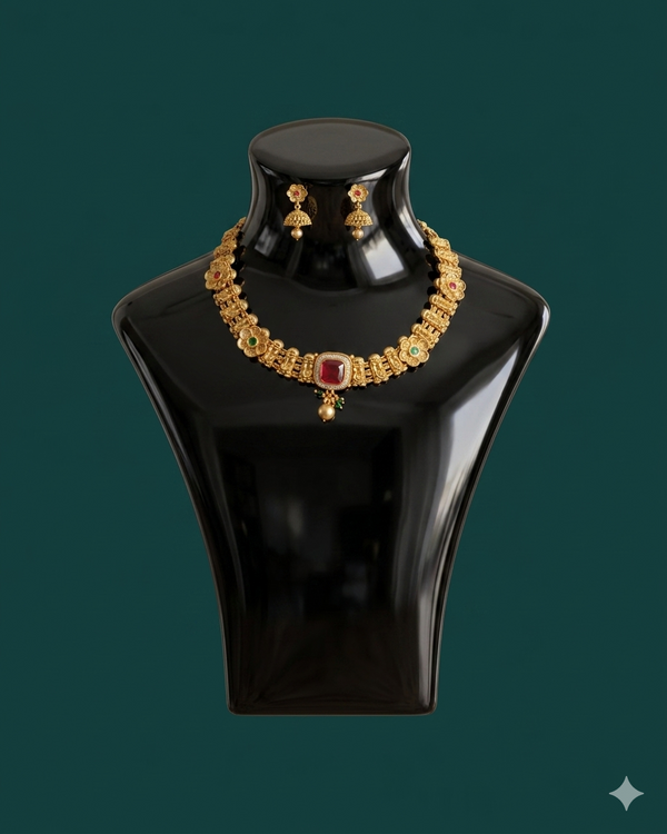 Antique Gold Ruby Emerald Nakshi Choker Necklace Set with Jhumka Earrings | Traditional Indian Bridal Collar Necklace | Ruby Cabochon Pendant Gold Jewelry | Wedding Heirloom Gift