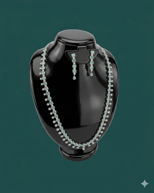 Emerald Elegance Long Necklace Set with Crystal Accents