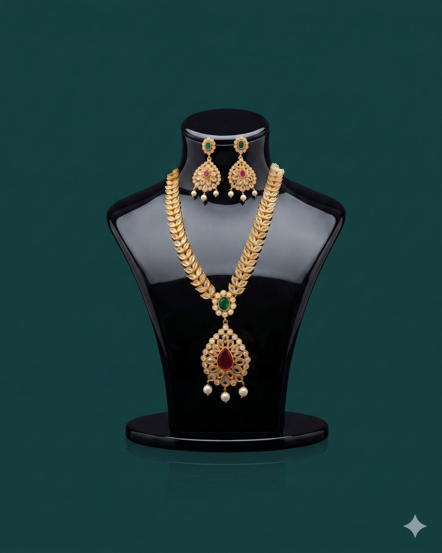 Royal Kundan Leaf Necklace Set with Emerald, Ruby & Pearl Drops – Grand Bridal Jewelry