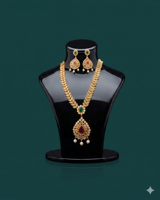 Royal Kundan Leaf Necklace Set with Emerald, Ruby & Pearl Drops – Grand Bridal Jewelry