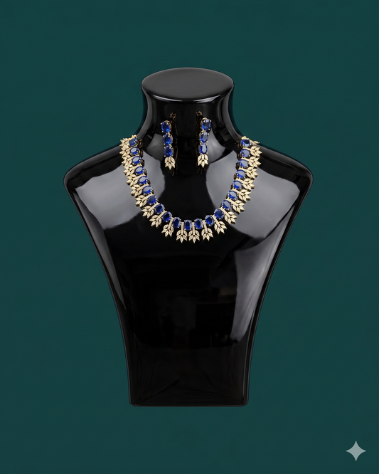 Royal Blue Sapphire CZ Necklace Set with Leaf Drop Detailing – Luxury Silver Statement Jewelry