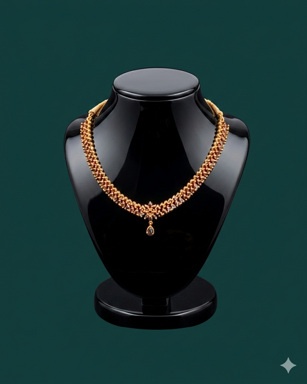 CZ Gold V-Shape Necklace | Traditional Indian Bridal Kemp Stone Collar Necklace with Teardrop Pendant | South Indian Wedding Jewelry | Anniversary Gift for Her
