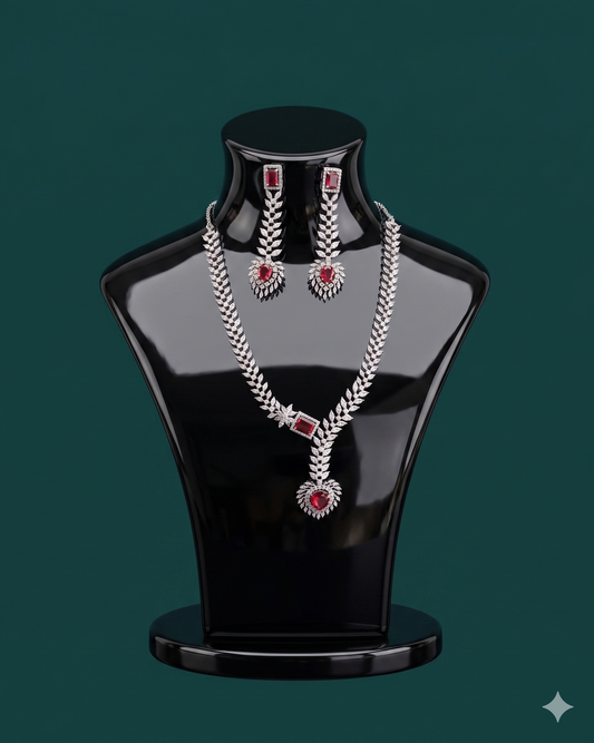 Elegant Silver CZ Leaf Necklace Set with Ruby Red Stones – Designer Bridal & Party Wear Jewelry