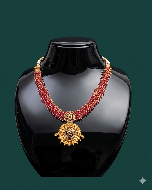 Crimson & Gold — 18ct Gold Plated Ruby Red Beaded Medallion Necklace