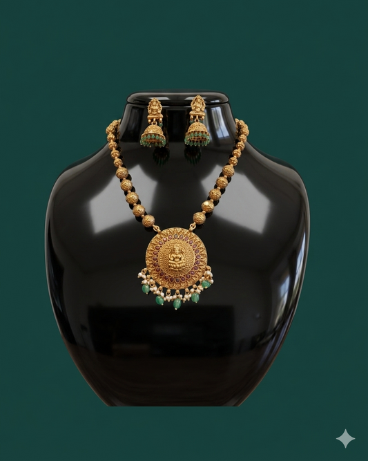 Gold Plated Temple Medallion Necklace Set with Lakshmi Jhumka Earrings