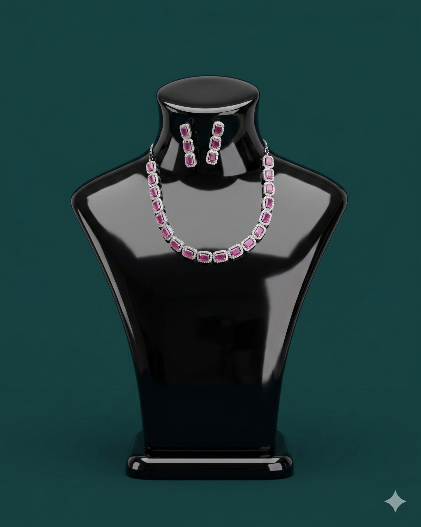 Chic Pink Sapphire CZ Tennis Necklace Set – Sleek Silver Designer Jewelry