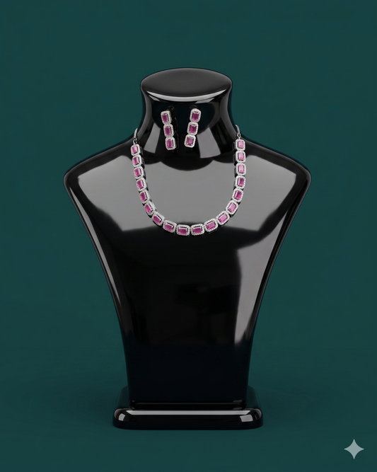 Chic Pink Sapphire CZ Tennis Necklace Set – Sleek Silver Designer Jewelry