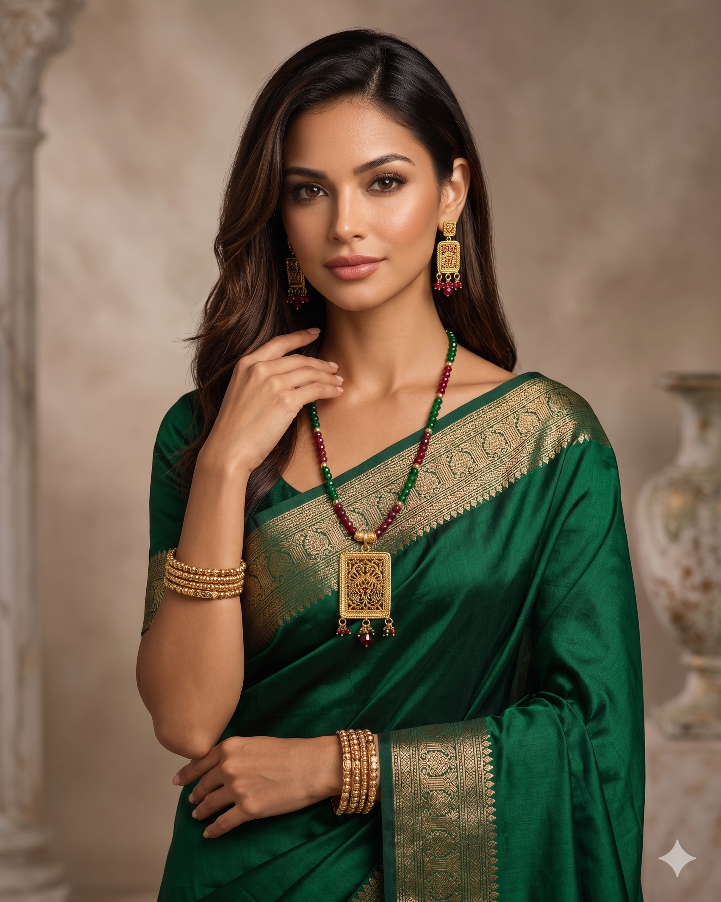 Traditional Beaded Temple Necklace Set with Antique Gold Pendant – Red & Green Ethnic Jewelry