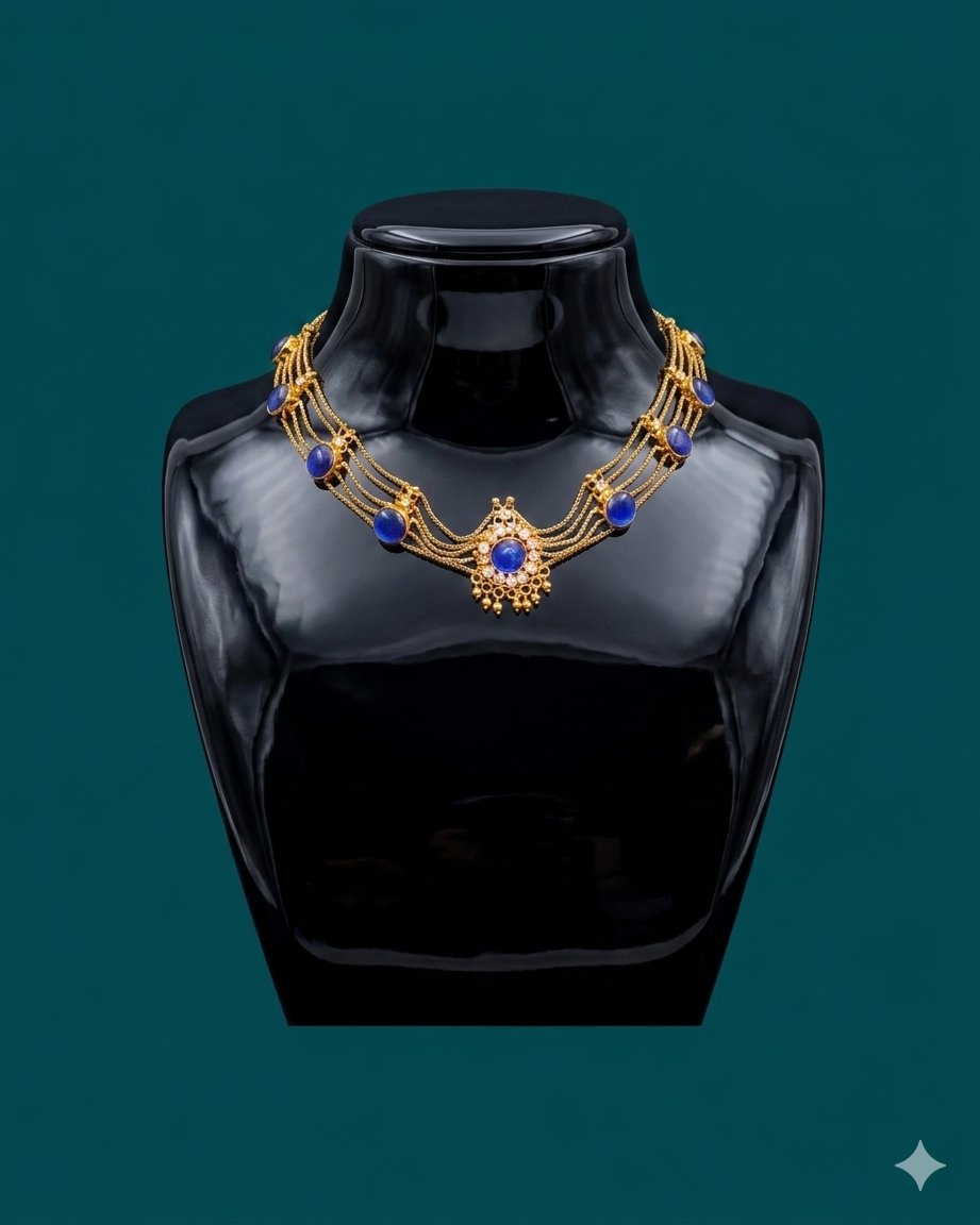Blue and Gold Marquise Leaf Collar Necklace | Art Deco Egyptian Revival Cleopatra Choker | Bold Luxury Statement Jewelry | Gift for Her