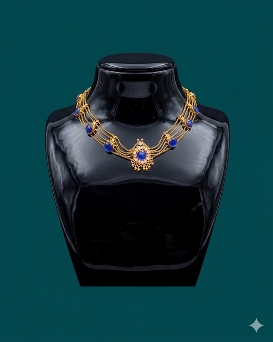 Blue and Gold Marquise Leaf Collar Necklace | Art Deco Egyptian Revival Cleopatra Choker | Bold Luxury Statement Jewelry | Gift for Her