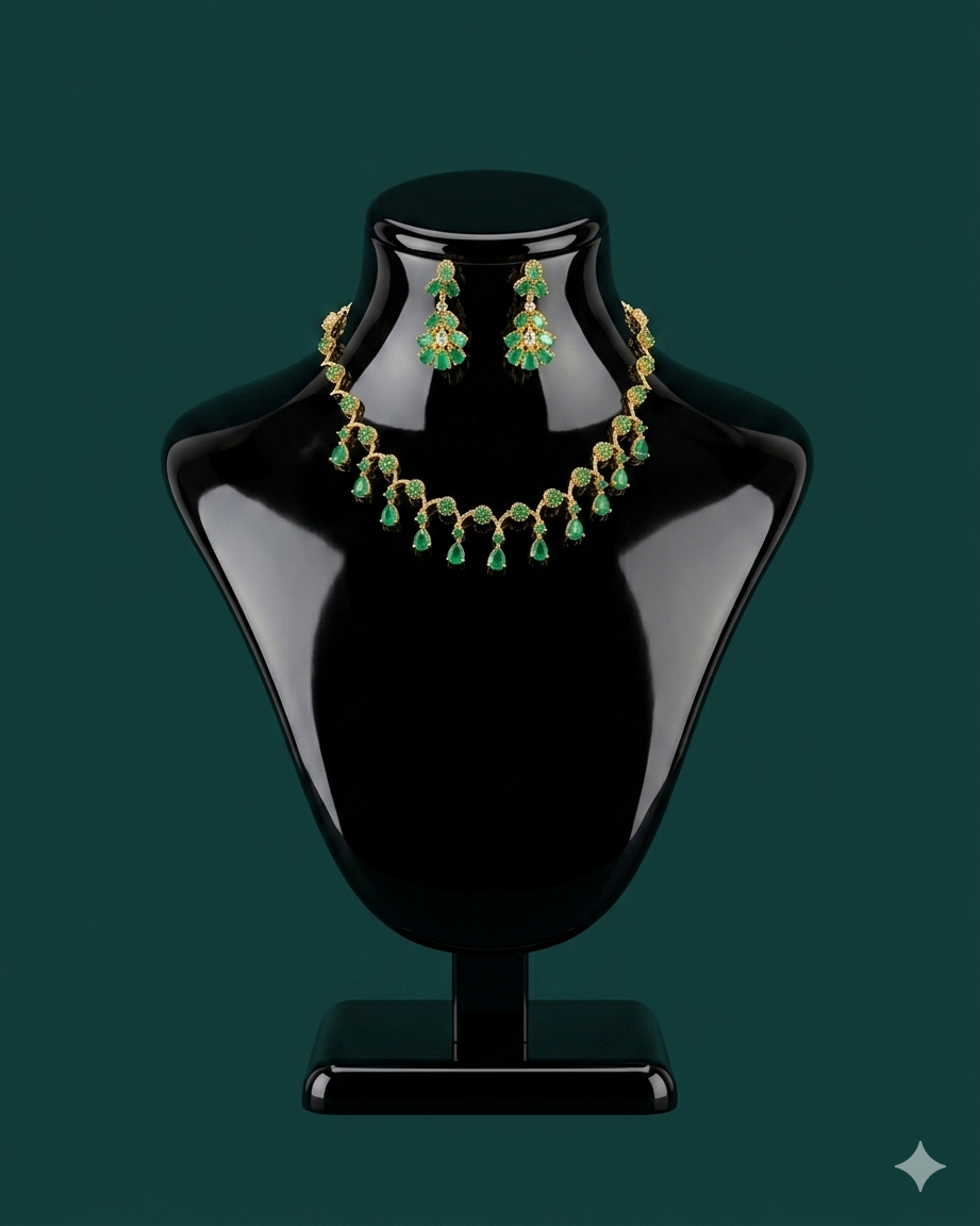 Emerald Green CZ Gold Floral Necklace Set with Earrings | Teardrop Emerald Bridal Jewelry | South Indian Wedding Necklace | Green Stone Gold Jewelry Set | Gift for Her