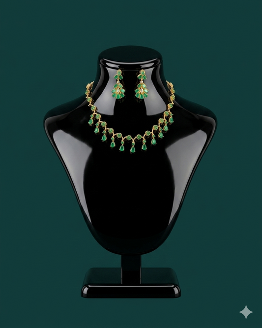 Emerald Green CZ Gold Floral Necklace Set with Earrings | Teardrop Emerald Bridal Jewelry | South Indian Wedding Necklace | Green Stone Gold Jewelry Set | Gift for Her