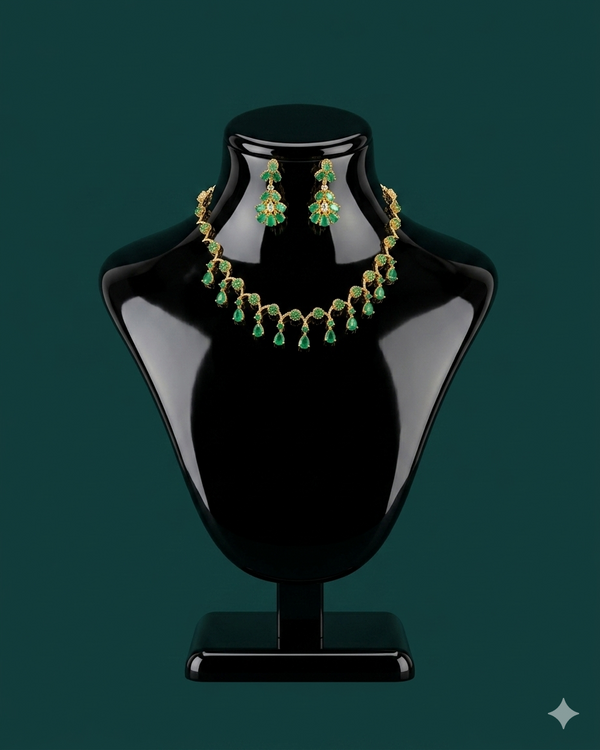 Emerald Green CZ Gold Floral Necklace Set with Earrings | Teardrop Emerald Bridal Jewelry | South Indian Wedding Necklace | Green Stone Gold Jewelry Set | Gift for Her