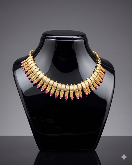 Royal Gold-Tone Statement Necklace with Pink Stone Accents – Elegant Designer Necklace for Women