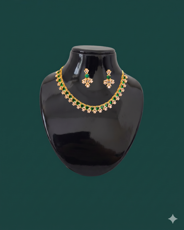 Emerald Green & Diamond CZ Gold Necklace Set with Earrings | Heart & Baguette Cut Bridal Jewelry | Indian Wedding Reception Necklace | Luxury Green Stone Jewelry Gift