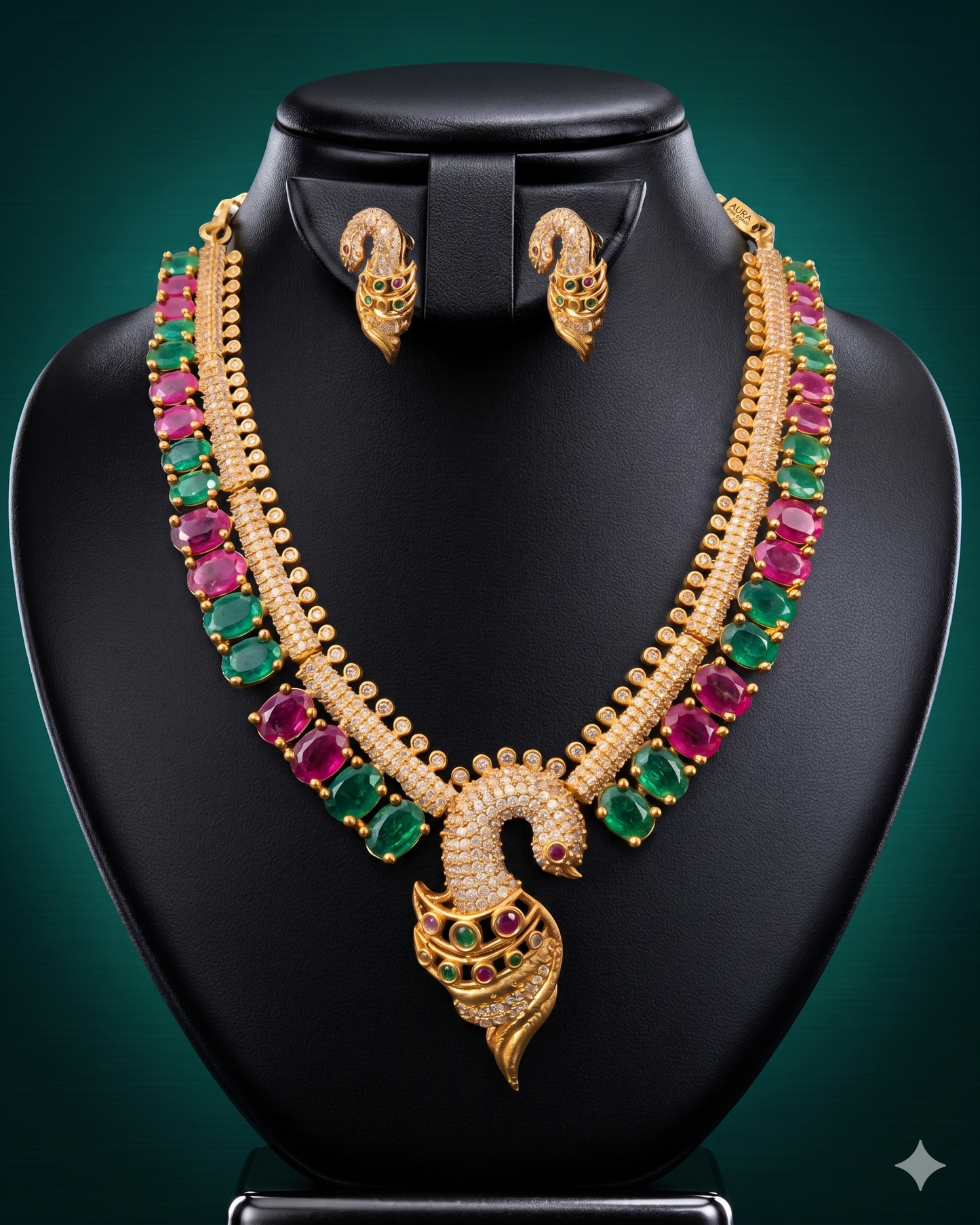 Sacred Temple Jewelry Set - Luxury Gold Necklace with Emerald, Ruby & Pearl Details