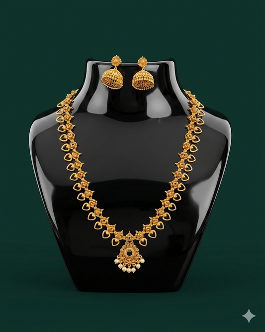 Gold Plated Heart Motif Necklace Set with Jhumka Earrings