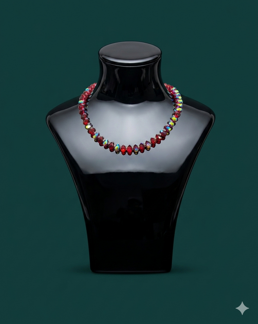 Red Aurora Borealis Crystal Choker Necklace | Faceted Ruby Red AB Rondelle Beaded Necklace | Bold Statement Jewelry | Valentine Gift for Her