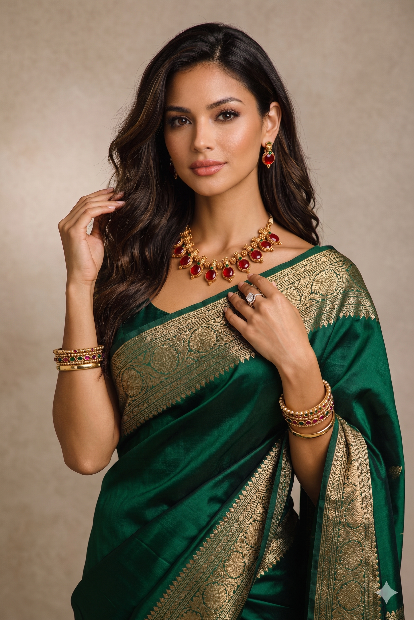 Antique Gold Opulence Necklace Set with Maroon Stone Drops