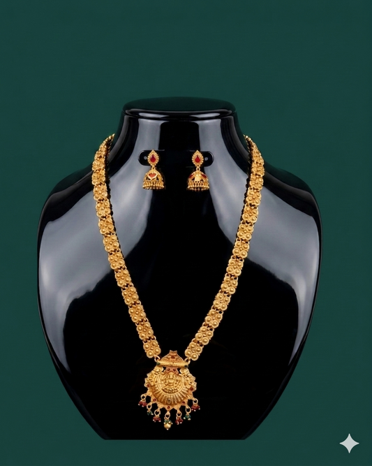 Gold Plated Floral Haaram Temple Set with Ruby-Topped Jhumkas