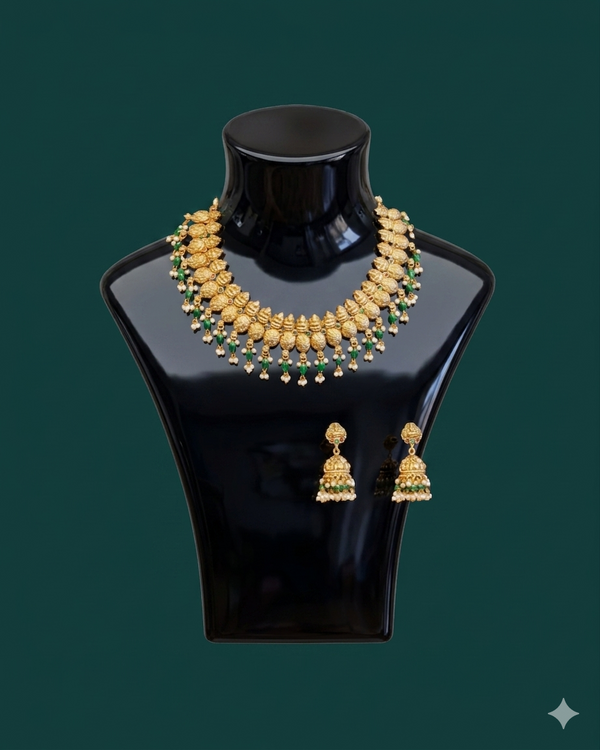 Antique Gold Guttapusalu Necklace Set with Jhumka Earrings | Traditional South Indian Bridal Collar | Nakshi Gold with Emerald Beads & Pearl Drops | Wedding Heirloom Jewelry