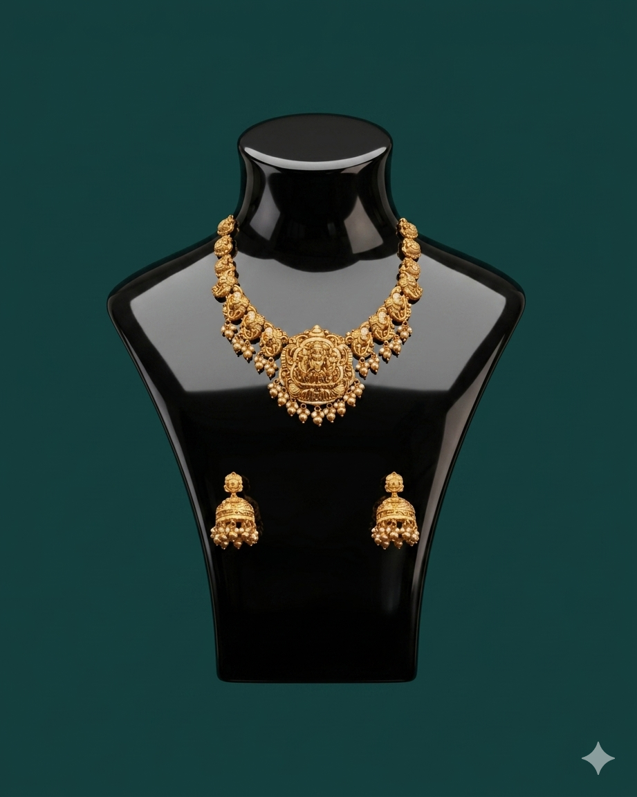 Antique Gold Lakshmi Temple Necklace Set with Jhumka Earrings | Sacred Goddess Pendant South Indian Bridal Jewelry | Nakshi Temple Jewelry with Pearl Drops | Wedding Heirloom Gift