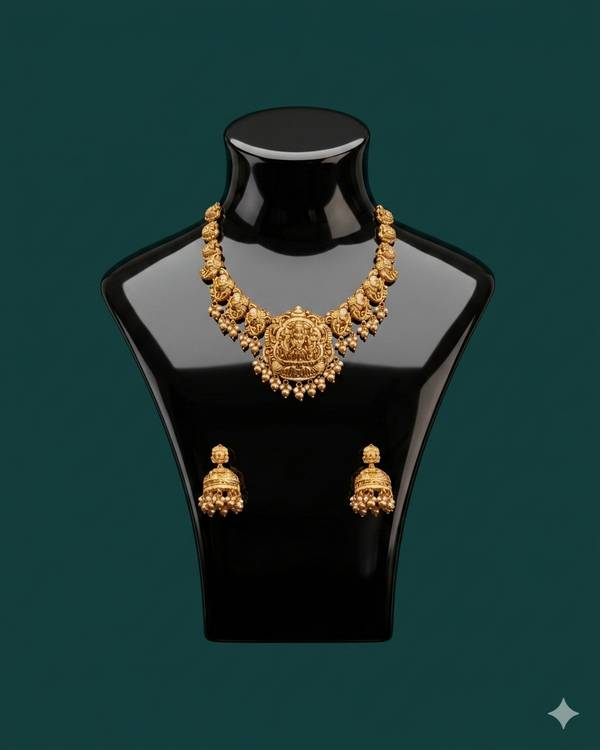 Antique Gold Lakshmi Temple Necklace Set with Jhumka Earrings | Sacred Goddess Pendant South Indian Bridal Jewelry | Nakshi Temple Jewelry with Pearl Drops | Wedding Heirloom Gift