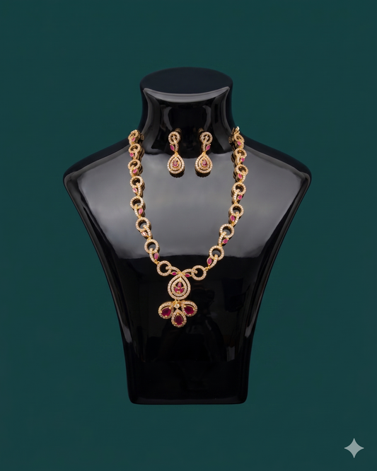 Elegant Ruby CZ Link Necklace Set with Teardrop Pendant – Gold Finish Party Wear Jewelry