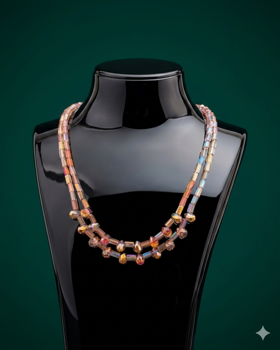 Vintage Aurora Borealis Crystal Double-Strand Statement Necklace | Iridescent Rainbow AB Crystal Beaded Choker | Mid-Century Bridal Jewelry Gift