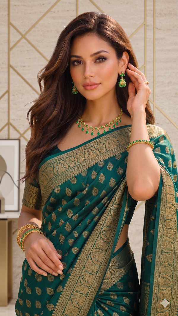 Emerald Green CZ Gold Floral Necklace Set with Earrings | Teardrop Emerald Bridal Jewelry | South Indian Wedding Necklace | Green Stone Gold Jewelry Set | Gift for Her