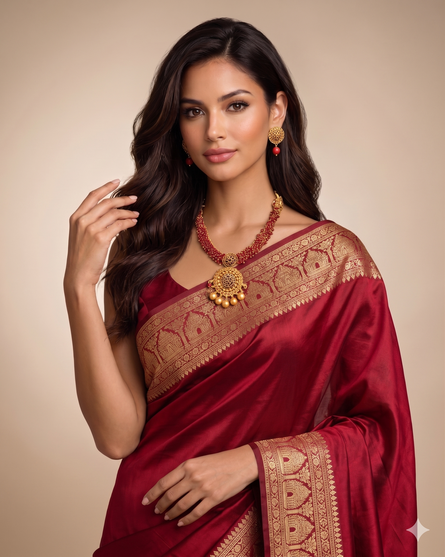 Crimson & Gold — 18ct Gold Plated Ruby Red Beaded Medallion Necklace