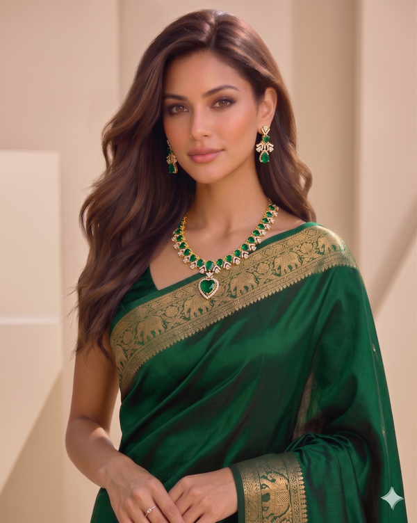 Emerald Green & Diamond CZ Gold Necklace Set with Earrings | Heart & Baguette Cut Bridal Jewelry | Indian Wedding Reception Necklace | Luxury Green Stone Jewelry Gift