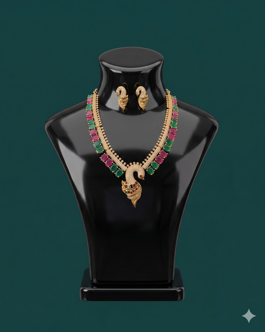 Royal Peacock CZ Necklace Set with Ruby & Emerald Stones – Premium Bridal Gold Finish