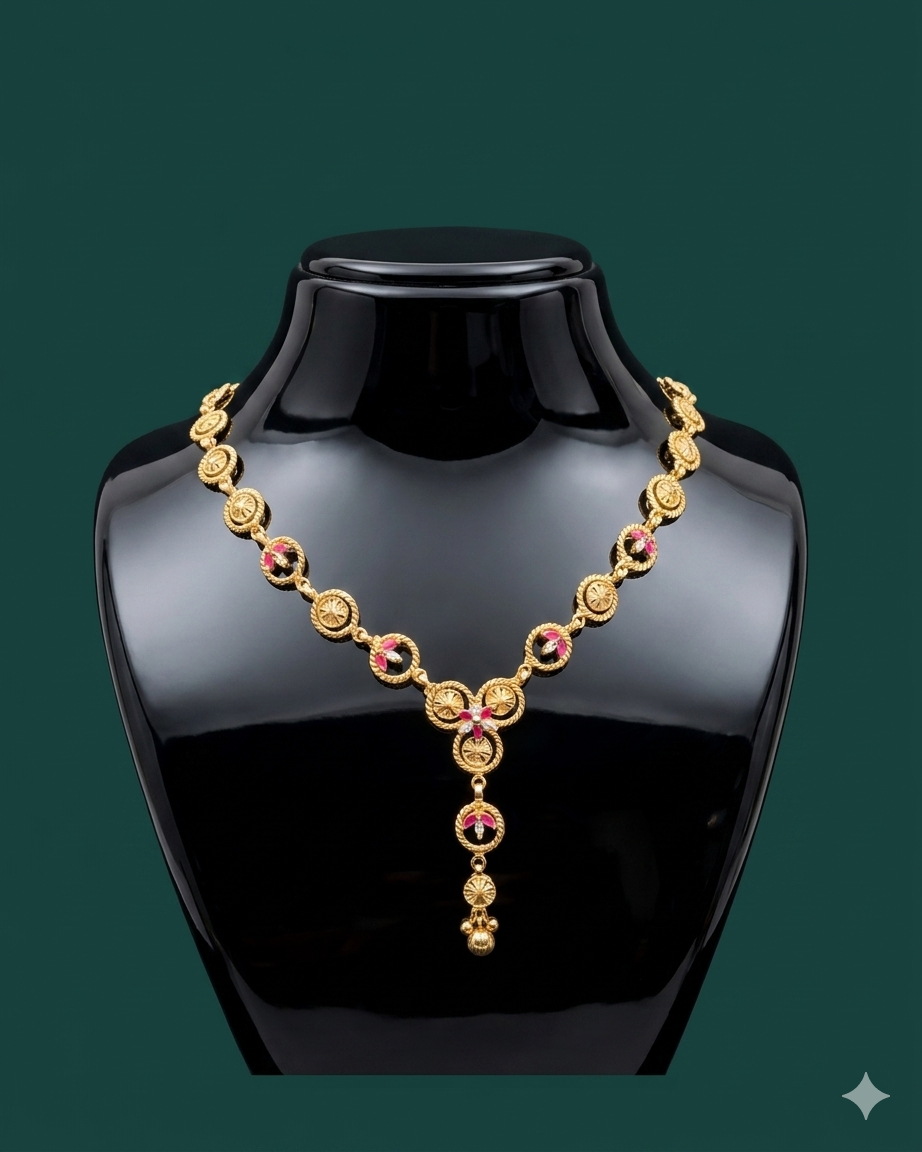 Antique Gold Ruby & White Stone Floral Medallion Necklace with Bell Drop