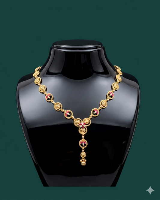 Antique Gold Ruby & White Stone Floral Medallion Necklace with Bell Drop