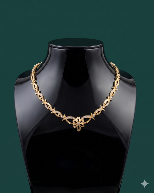 Golden Whispering Vines Diamond-Accent Floral Necklace with Crescent Leaf Links