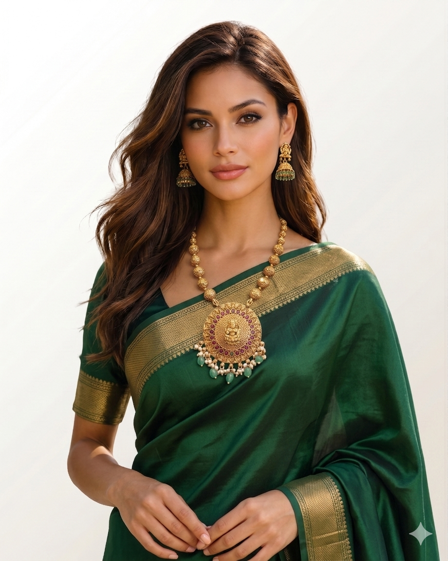 Gold Plated Temple Medallion Necklace Set with Lakshmi Jhumka Earrings
