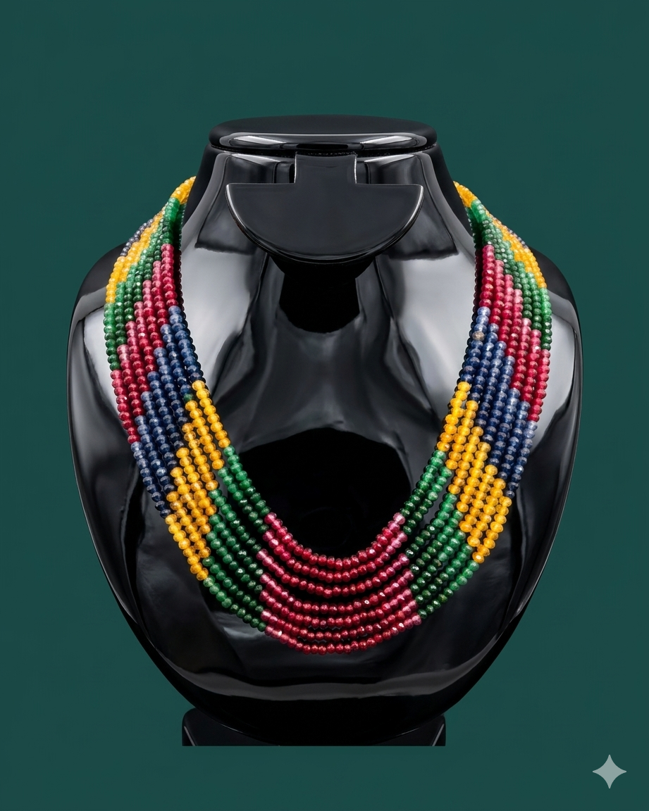 Multicolor Layered Semy Precious Beaded Statement Necklace Set