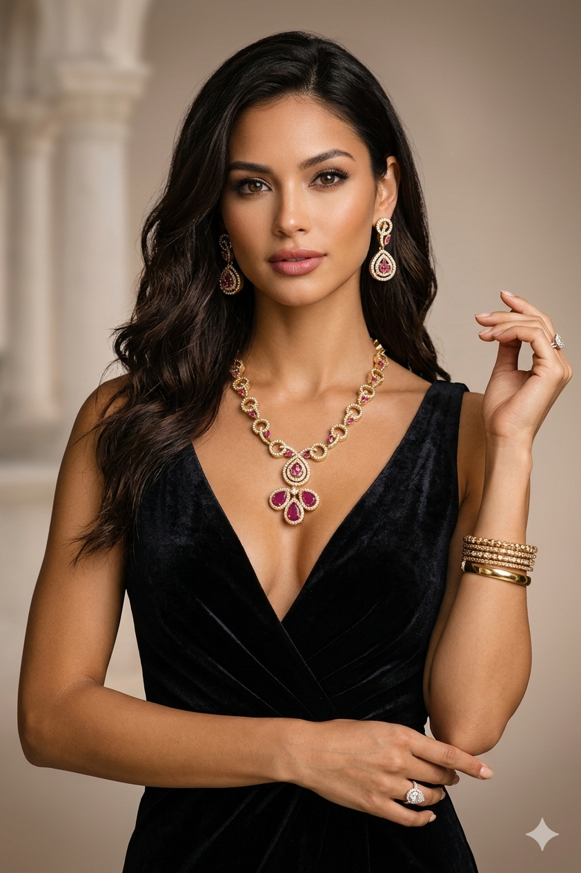 Elegant Ruby CZ Link Necklace Set with Teardrop Pendant – Gold Finish Party Wear Jewelry