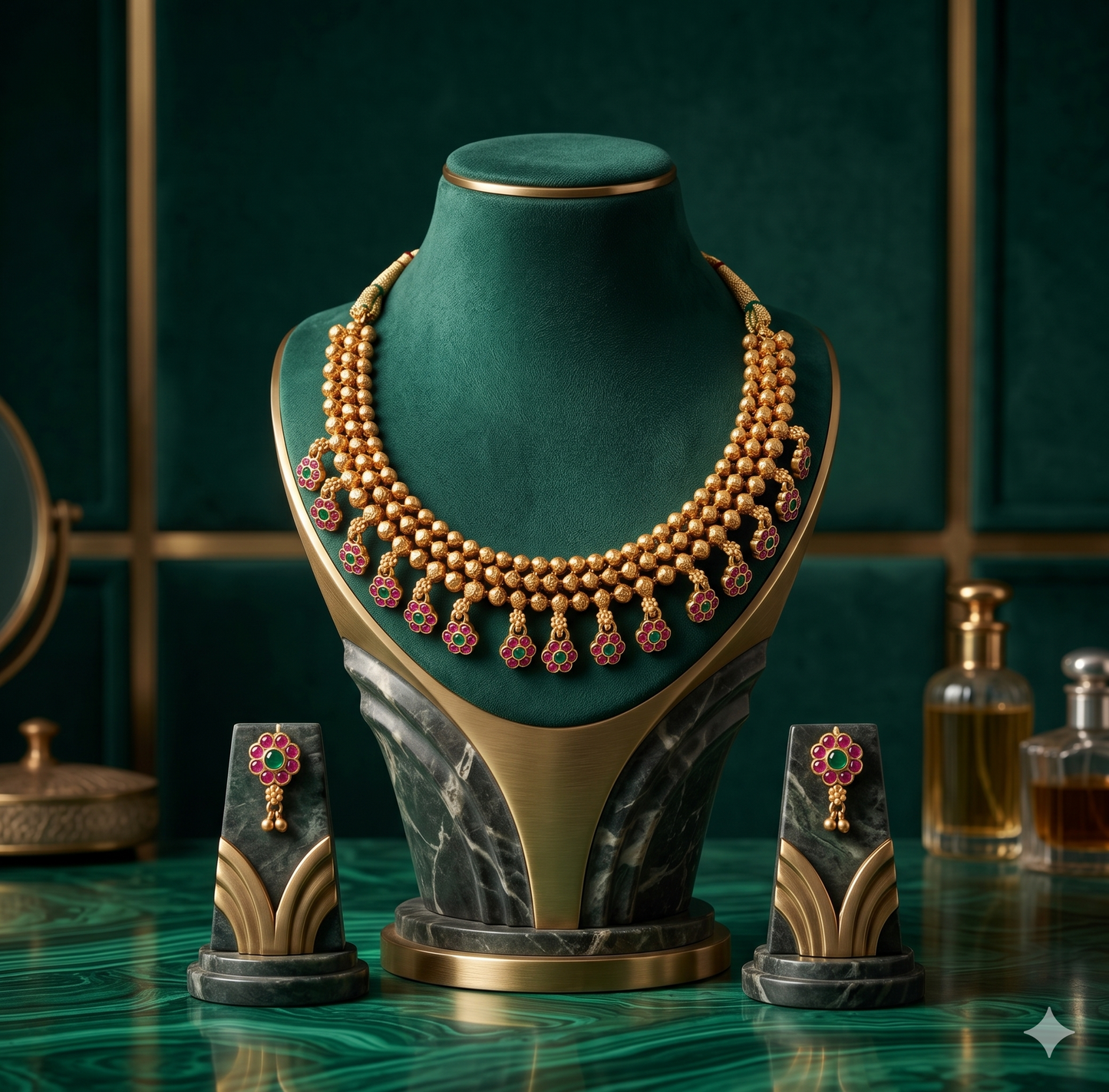 Gold Beaded Layered Necklace Set with Ruby & Emerald Floral Drops