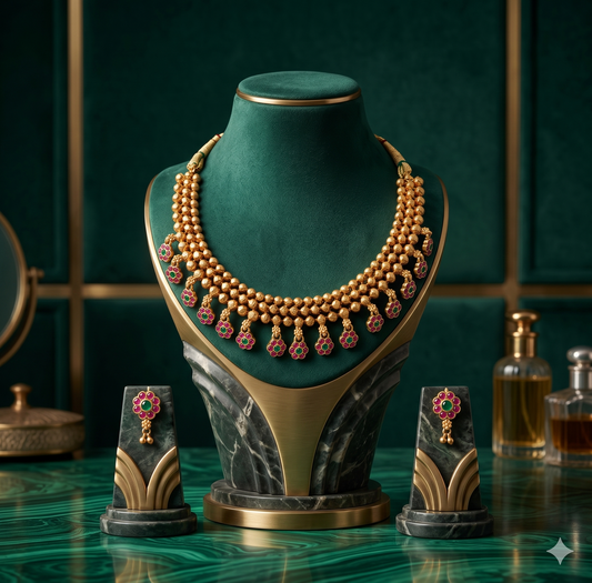 Gold Beaded Layered Necklace Set with Ruby & Emerald Floral Drops