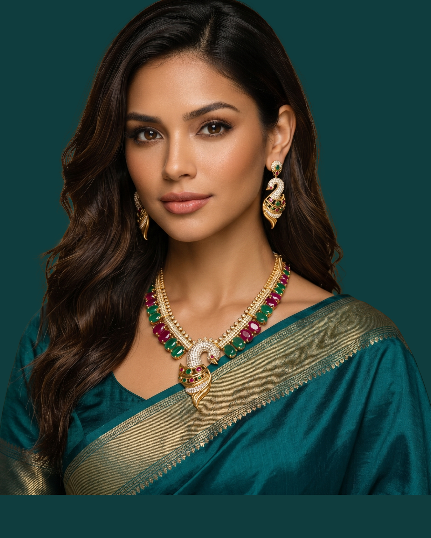 Sacred Temple Jewelry Set - Luxury Gold Necklace with Emerald, Ruby & Pearl Details
